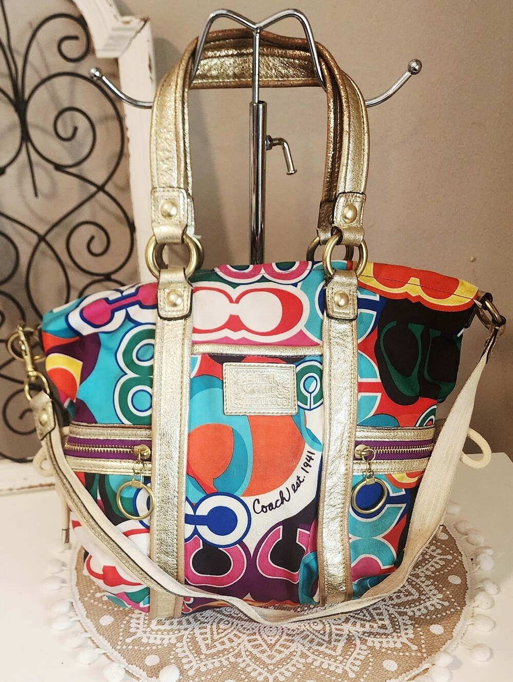 Coach Poppy SPOTLIGHT Glam Multicolor Pop Print Tote with Gold Trim VINTAGE Y2K